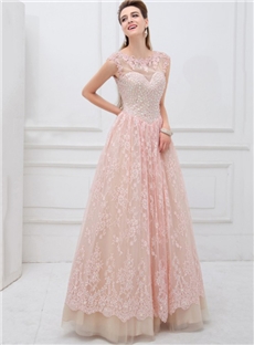 Scoop Neckline Open Back A Line Tulle And Lace Prom Dress Rhinestone Beaded Bodice