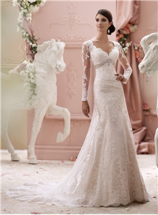 Embroidered A Line Illusion Scalloped Lace Long Sleeves Sweetheart Bodice Beaded Inverted Empire Waistband Wedding Dress