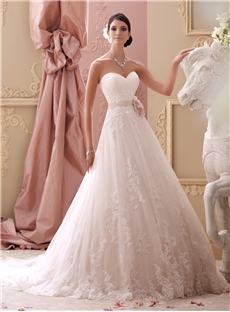 Strapless Hand Beaded Lace Appliqués A Line Sweetheart Neckline Wedding Dress With Ribbon Belt