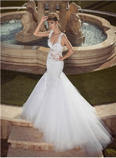 Sexy Mermaid Spaghettie Straps Appliques Lace Tulle Wedding Dress