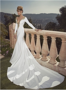 Unique Sheath Long Sleeves V Neck V Back Chapel Train Beading Wedding Dress