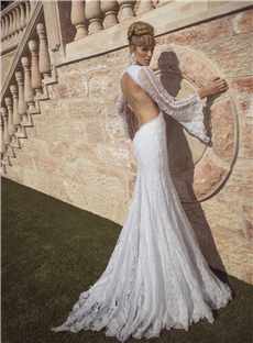 Unique Sheath Long Sleeves V Neck Backless Sweep Train Lace Wedding Dress