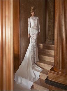 Unique Sheath Long Sleeves High Neck Backless Chapel Train Lace Wedding Dress