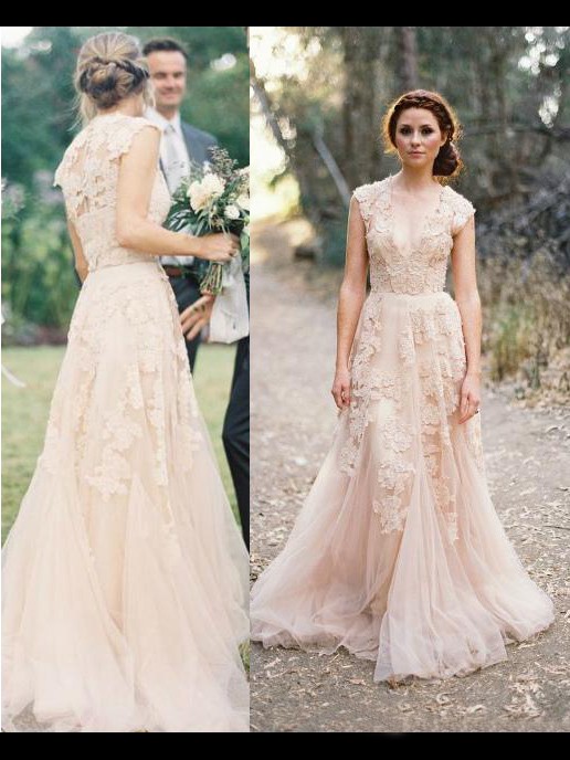 Vintage A-line/Princess V-neck Sleeveless Appliques Court Train Tulle Wedding Dresson Sale With Price USD$ 198.99
