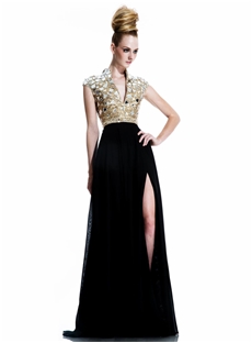 Elegant Beading Front Split Floor Length V Neck Zipper Up Evening Dress
