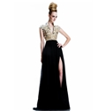 Elegant Beading Front Split Floor Length V Neck Zipper Up Evening Dress