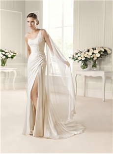 Sheath One Shoulder Court Train Sleeveless Chiffon Wedding Dress