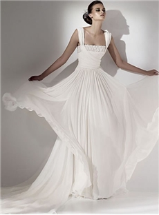 Elegant A Line Square Neckline Cathedral Train Chiffon Wedding Dress With Handmade Flowers