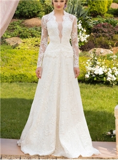 Luxurious A-line Long Sleeves High Neck Lace Wedding Dress