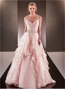 Elegant Organza Queen Anne Neckline Natural Waistline A Line Wedding Dress With Rhinestones