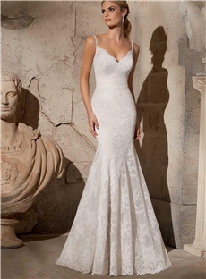 Simple V Neck Mermaid Floor Length Lace Wedding Dress