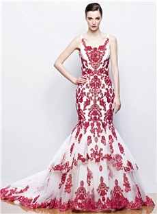 Dramatic Mermaid Straps Appliques And Beading Wedding Dress