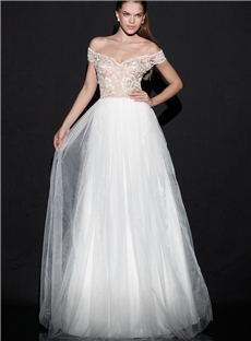 A Line Off The Shoulder Neckline Wedding Dress With Lace Tulle Bodice