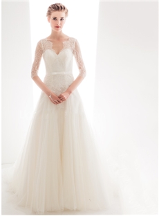 A Line Court Train Lace And Tulle V Neckline Bridal Gown Wedding Dress With Sash