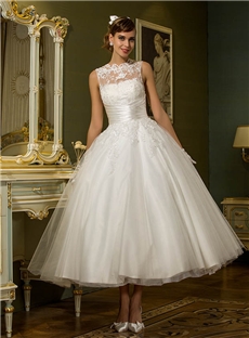 Ball Gown Ankle Length Tulle Jewel Neckline Wedding Dress With Beading Appliques