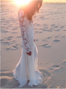 Stunning Sheath Long Lace Sleeve Wedding Dress With Low Back And Silk Train