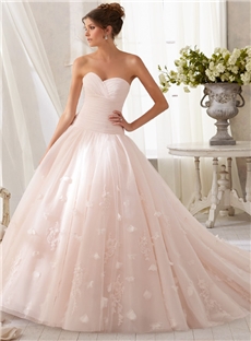 Charming Ball Gown Floor Length Pearl Pink Tulle Wedding Dress With Button