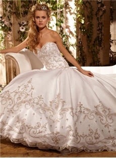 Romantic Ball Gown Satin Strapless Sweetheart Neckline Wedding Dress With Gold Embroidery