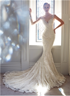 Charming V Neck Mermaid Lace Court Train Wedding Dress
