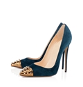 Fabulous Dark Blue Suede Pointed Toe With Golden Spikers Studs Pumps