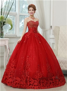 Modern Sweetheart Beading Appliques Ball Gown Red Wedding Dress
