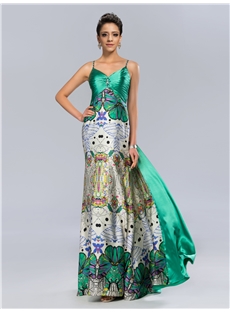 Graceful Spaghetti Straps V Neck Criss Cross Back Long Printing Summer Dress