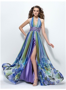 Boutique Front Split A Line Halter Floor Length Printing Summer Dress