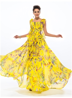 Elegant A Line Yellow Printing Summer Dress