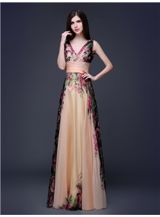 Elegant A Line V Neck Floor Length Printing Summer Dress