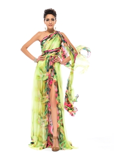 Elegant A Line One Shoulder Floor Length Printing Summer Dress