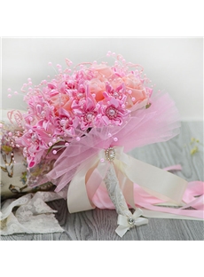 Delicate Pink Cloth Flowers Rose Pearl Bridal Bouquet