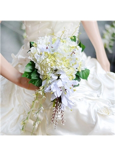 Waterfall Shaped White Rose Wedding Bridal Bouquet With White Ribbon