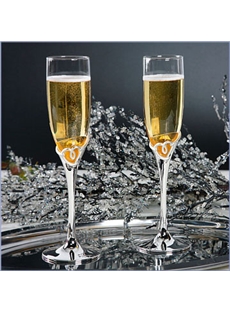 Trendy Silver Plated Heart Decorated Design Toasting Flutes Set Of 2