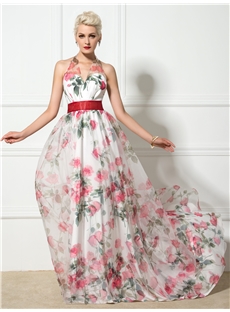 Pure A Line Halter Floor Length Printing Summer Dress
