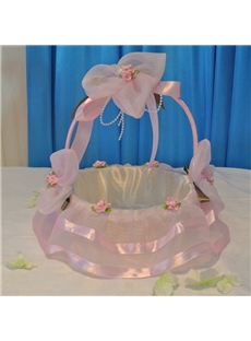Fine Pink Flower Basket In Lace With Flowers