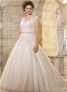 Boutique V Neck Lace A Line Beading Floor Length Plus Size Wedding Dress